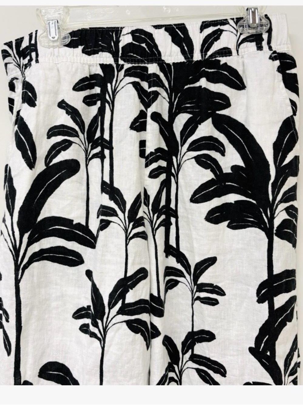 Tahari White Linen Wide Leg Black Tropical Leaf Print Pants XL Elastic Pull On - Picture 6 of 10